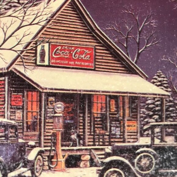 Vintage Coca-Cola Teal Nostalgia Winter Cars at Convenience Store Hinged Top Tin - Picture 4 of 15